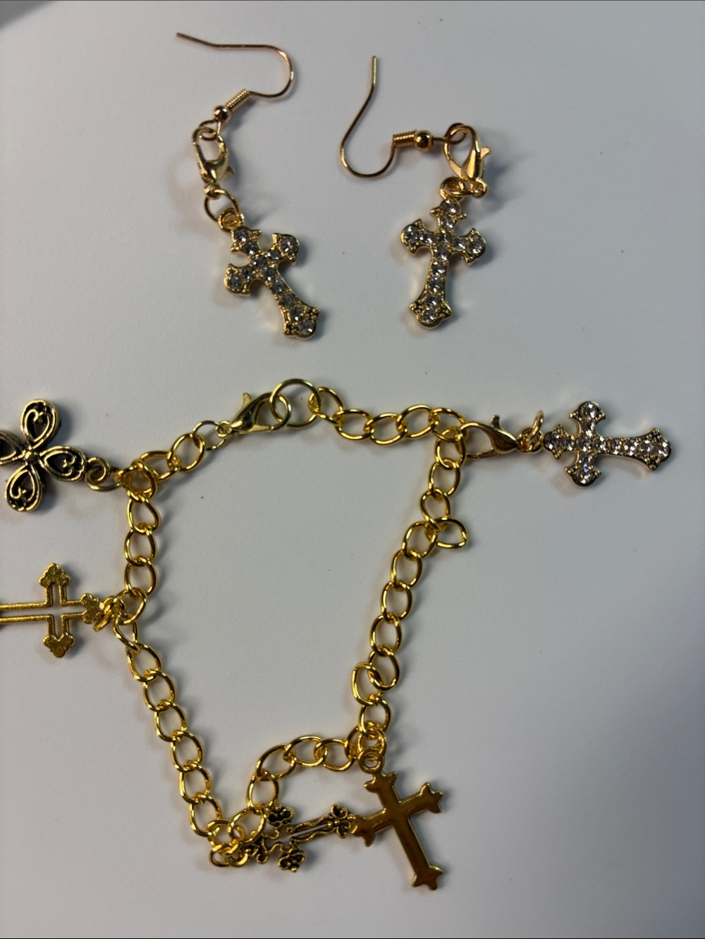 Gold Cross Charm Bracelet and Earrings Set - Elegant Religious Jewelry